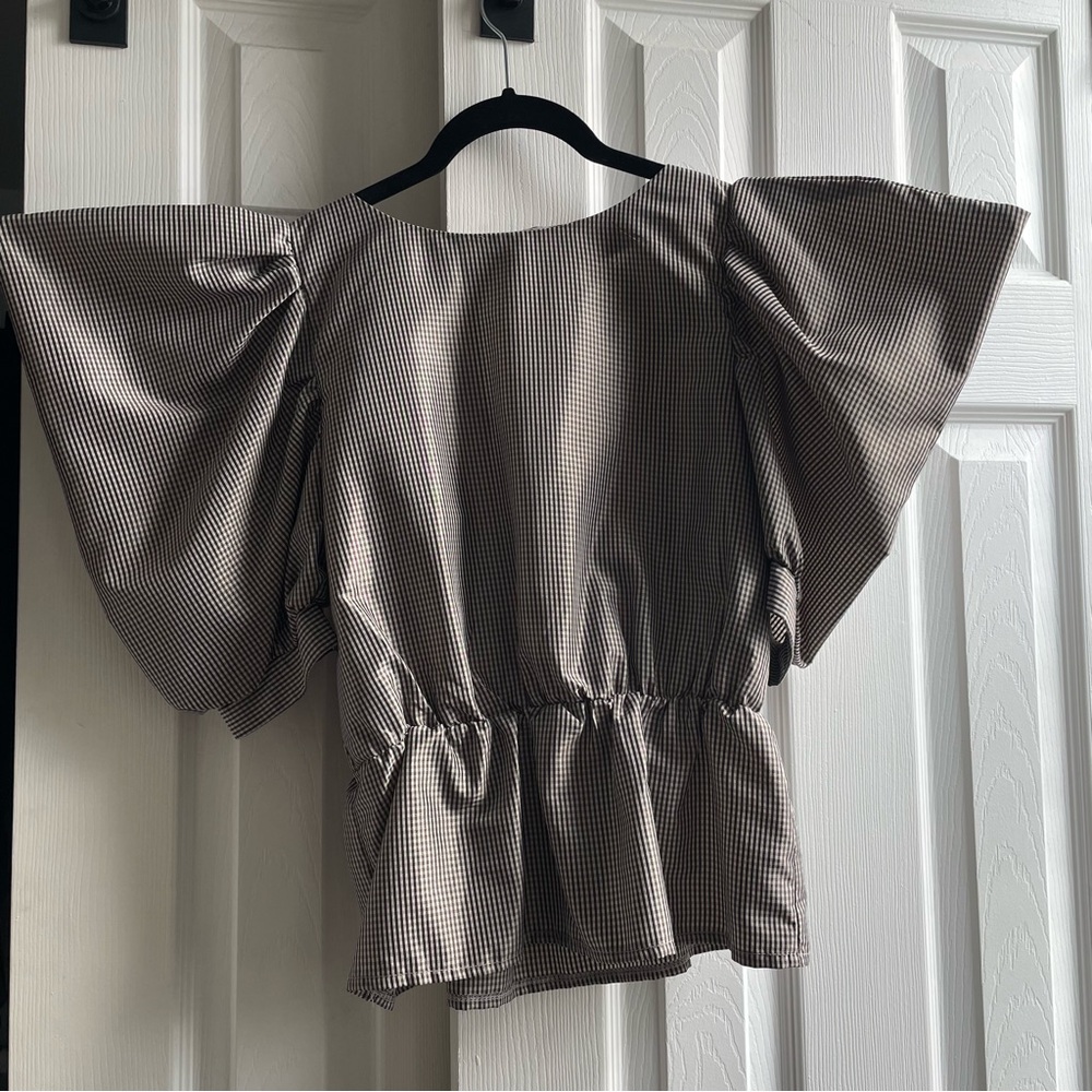 Topshop gingham Flutter Sleeve Peplum Blouse